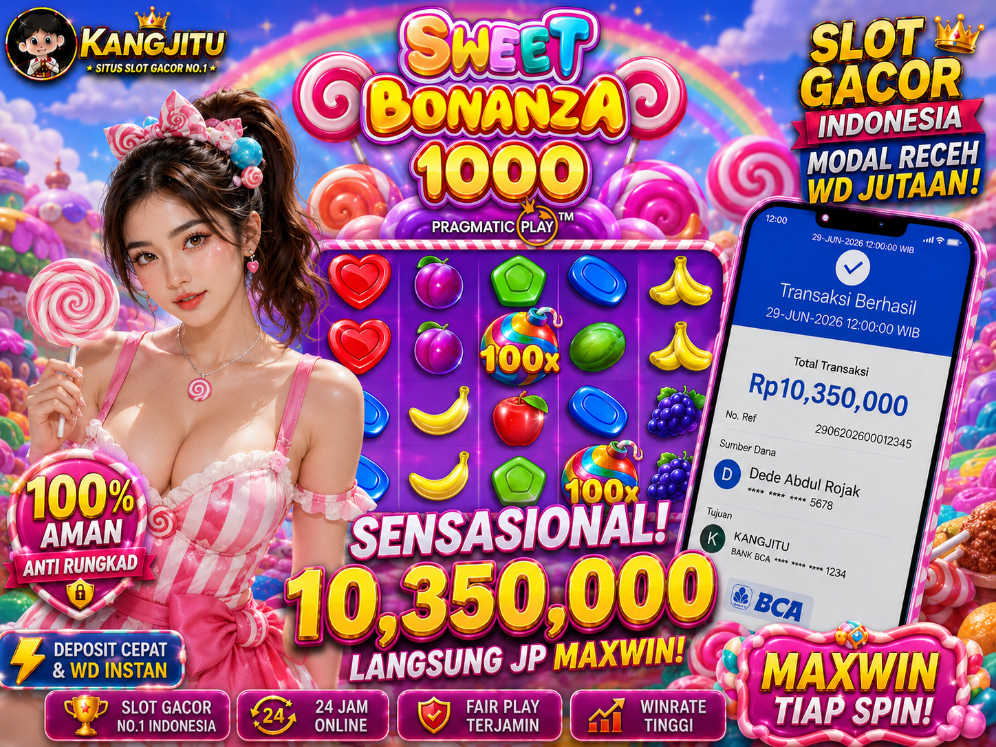 Sweet Bonanza X1000 MAXWINNN PRAGMATIC PLAY!!!!! JACKPOT 10.350 JUTA DIBAYAR LUNAS!!! KANGJITU KESERUAN BERMAIN TANPA BATAS SETIAP HARI!!🚀