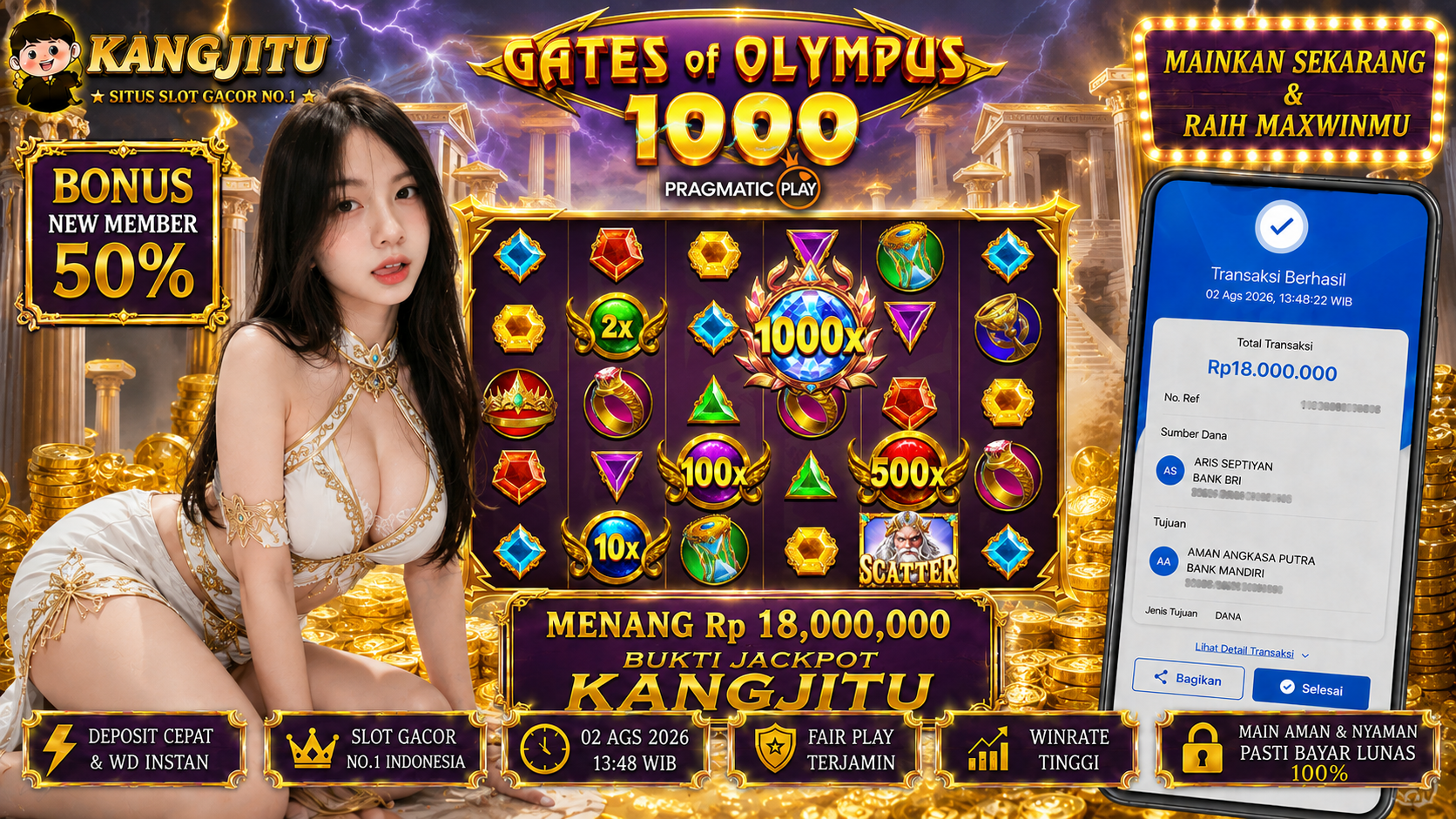 Gates of Olympus X1000 PRAGMATIC PLAY!!!!! JACKPOT DIBAYAR LUNAS!!! KANGJITU KESERUAN BERMAIN TANPA BATAS SETIAP HARI!!🚀